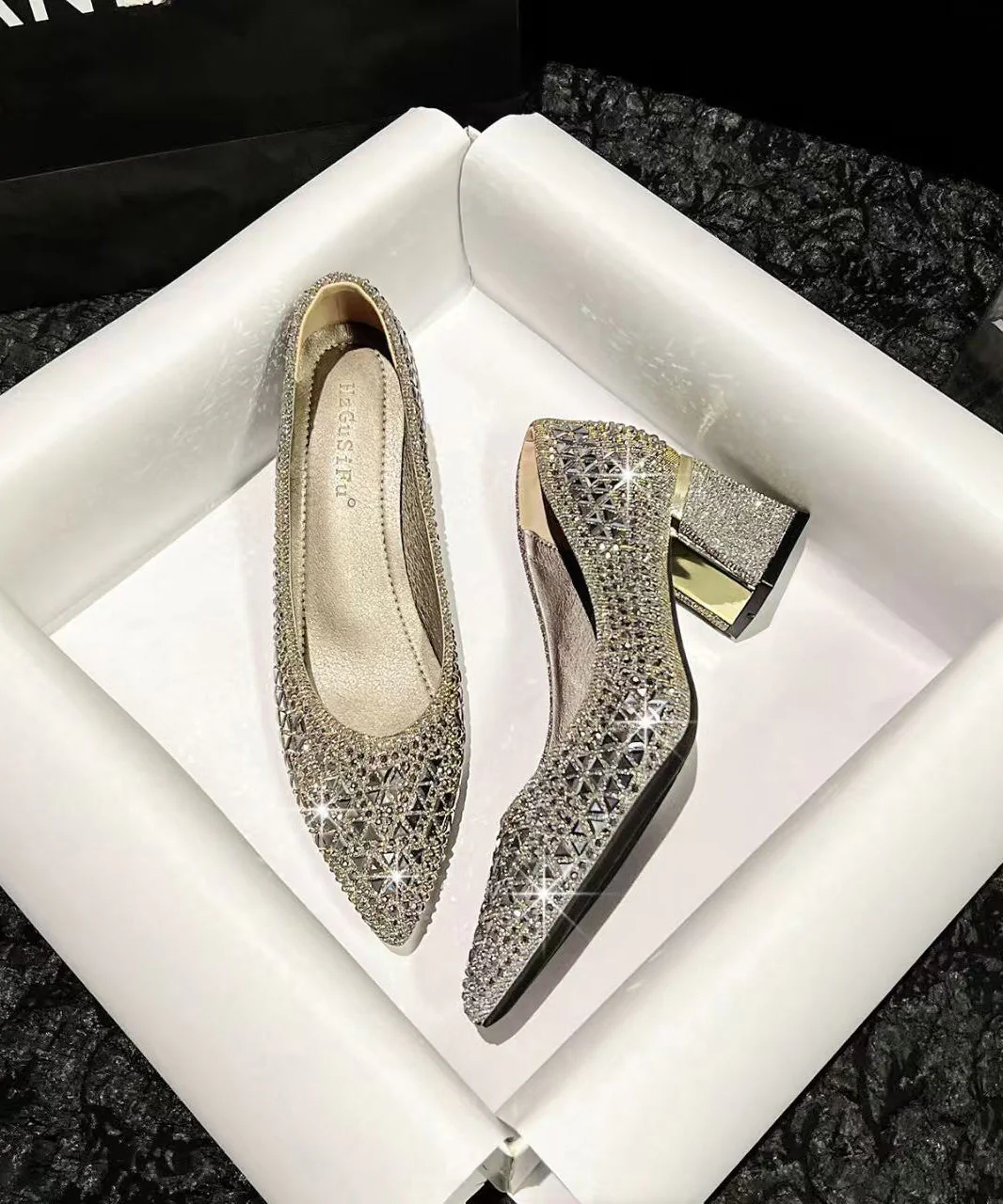 Silvery Sparkly High Heels Chunky Faux Leather Stylish High Heels - Image 4
