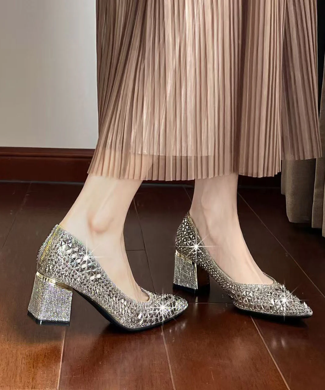 Silvery Sparkly High Heels Chunky Faux Leather Stylish High Heels - Image 5