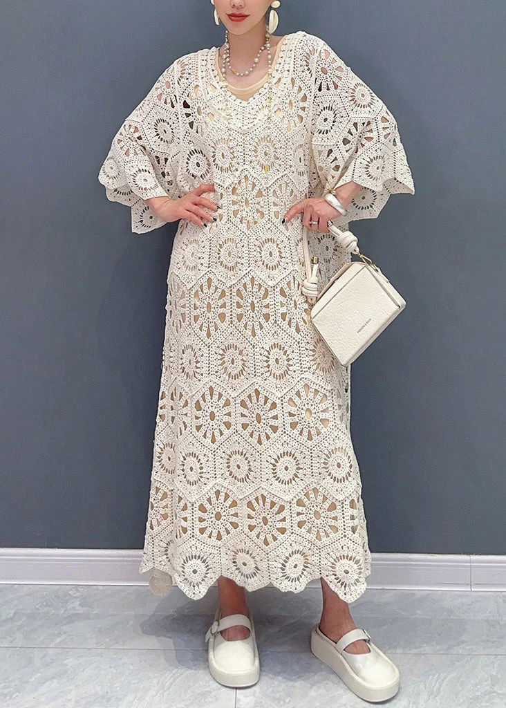 Simple Apricot O-Neck Hollow Out Knit Maxi Dress Long Sleeve - Image 2