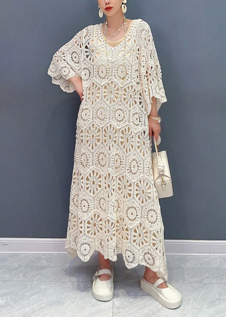 Simple Apricot O-Neck Hollow Out Knit Maxi Dress Long Sleeve - Image 3