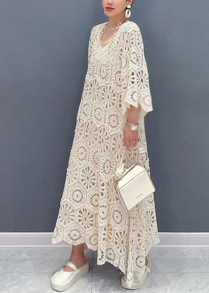 Simple Apricot O-Neck Hollow Out Knit Maxi Dress Long Sleeve - Image 4