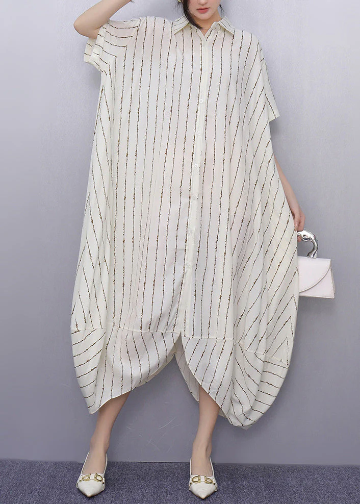 Simple Apricot Oversized Striped Cotton Shirt Dresses Summer - Image 2