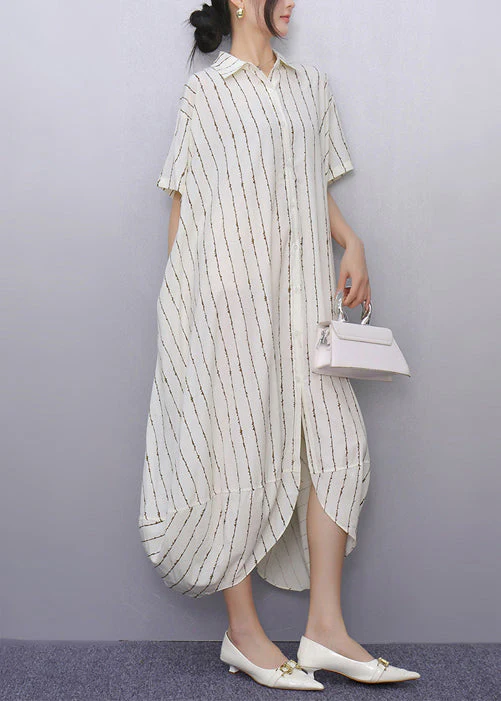 Simple Apricot Oversized Striped Cotton Shirt Dresses Summer - Image 5