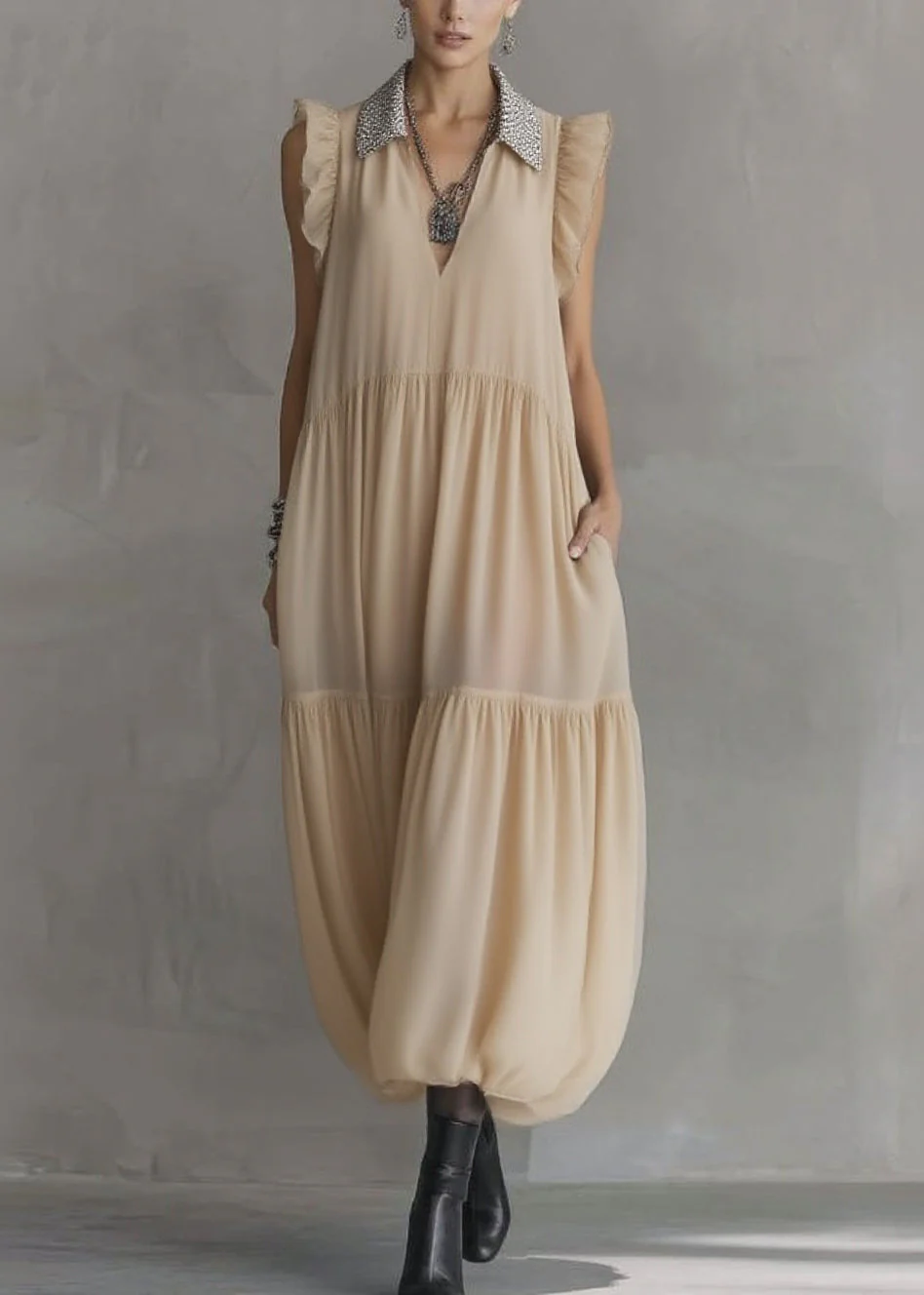 Simple Apricot Peter Pan Collar Wrinkled Solid Chiffon Maxi Dresses Summer