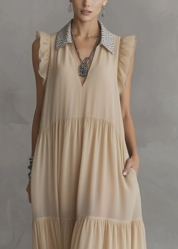 Simple Apricot Peter Pan Collar Wrinkled Solid Chiffon Maxi Dresses Summer - Image 2