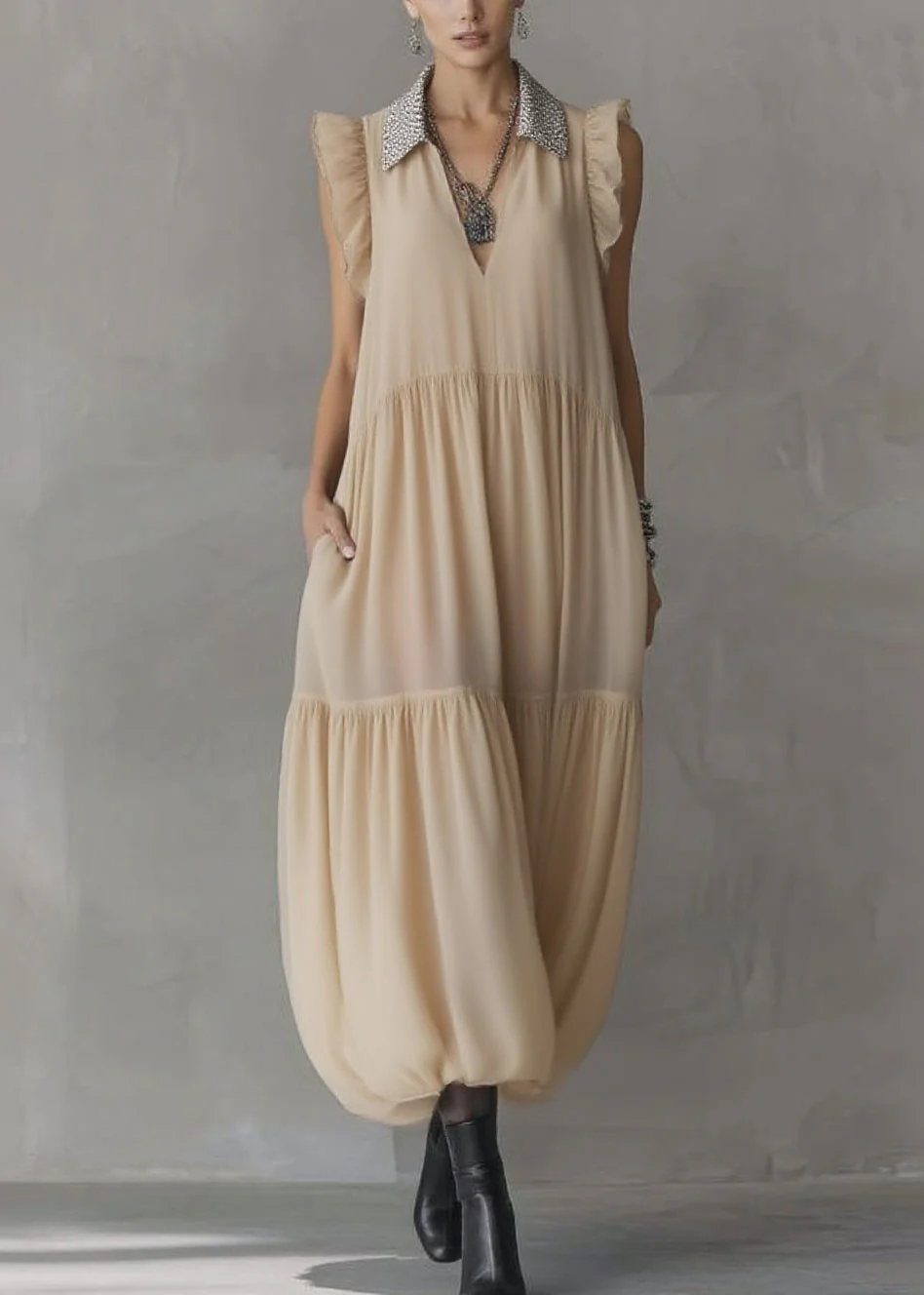 Simple Apricot Peter Pan Collar Wrinkled Solid Chiffon Maxi Dresses Summer - Image 3