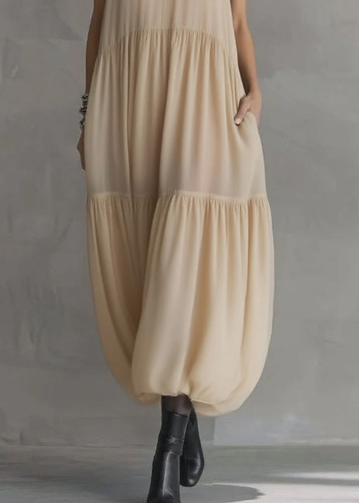 Simple Apricot Peter Pan Collar Wrinkled Solid Chiffon Maxi Dresses Summer - Image 4