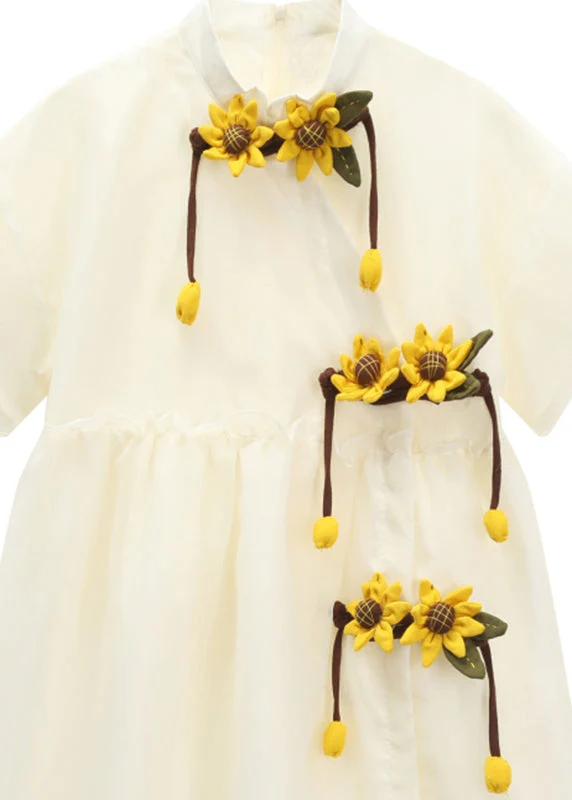 Simple Apricot Stand Collar Daisy Embroideried Floral Wrinkled Organza Patchwork Cotton Dresses Short Sleeve - Image 2