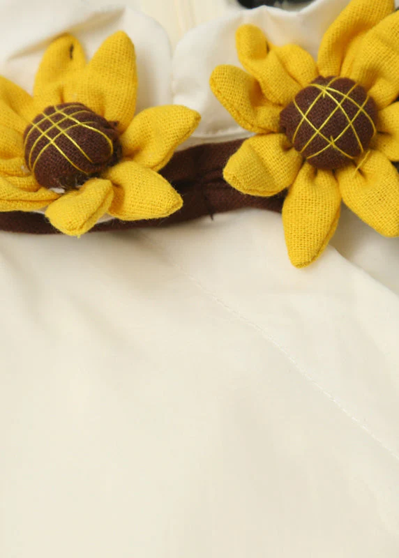 Simple Apricot Stand Collar Daisy Embroideried Floral Wrinkled Organza Patchwork Cotton Dresses Short Sleeve - Image 3