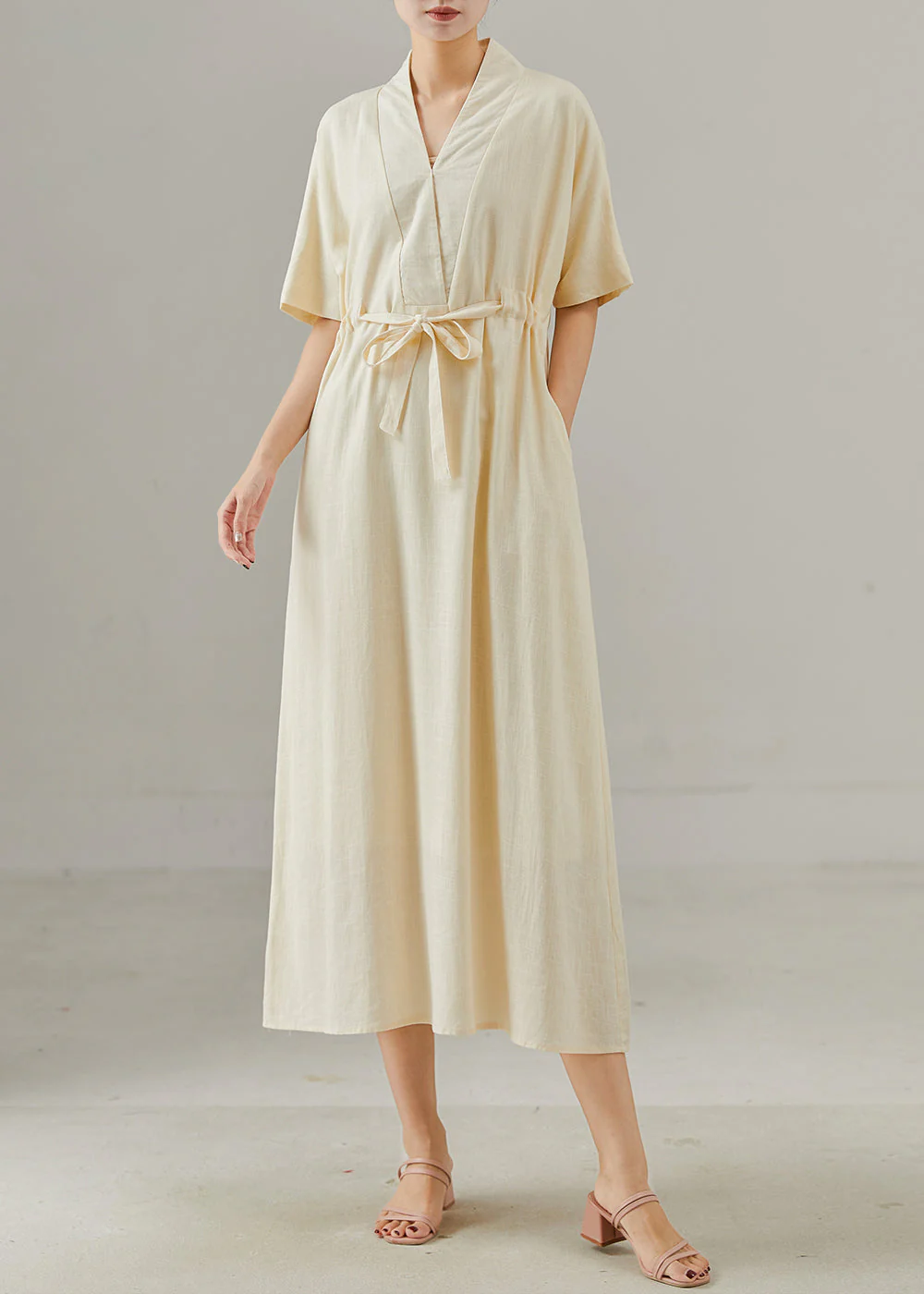 Simple Apricot V Neck Tie Waist Cotton Dress Summer - Image 2