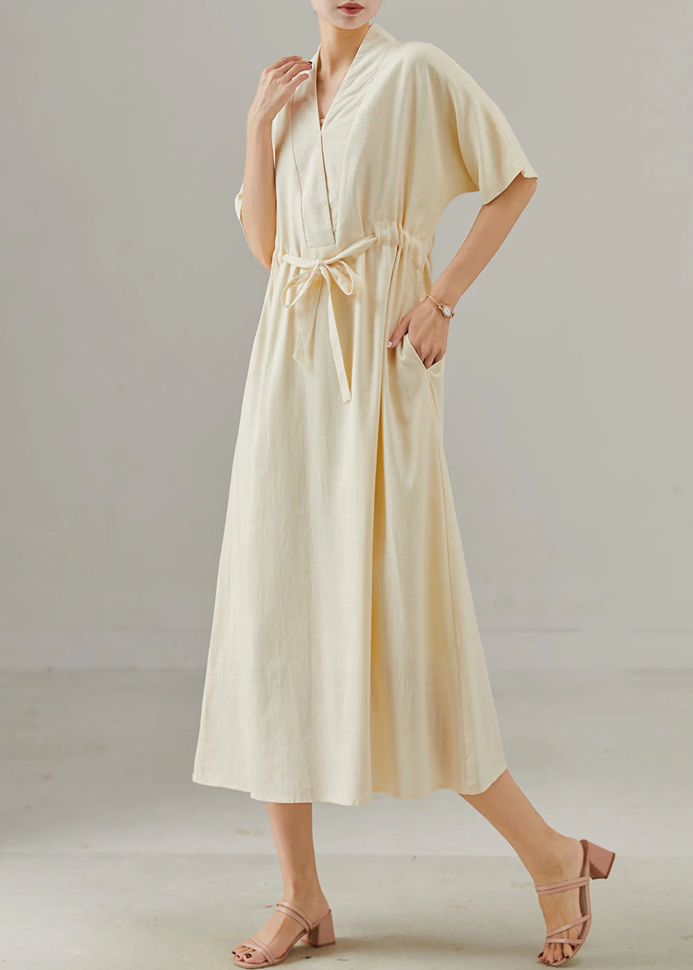 Simple Apricot V Neck Tie Waist Cotton Dress Summer - Image 3