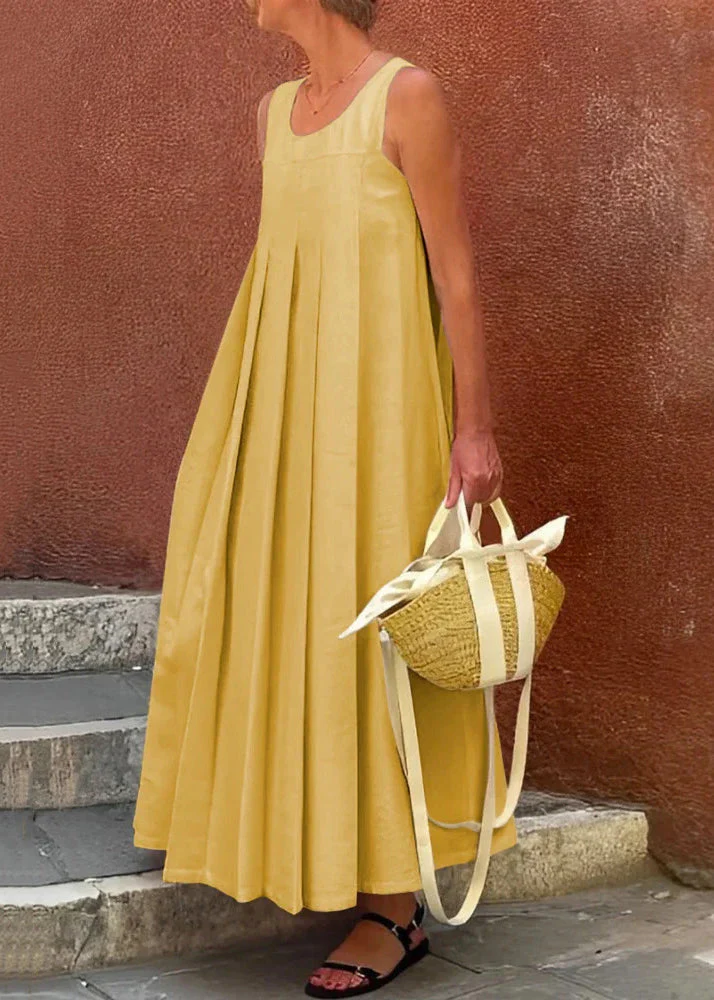 Simple Apricot Wrinkled Solid Cotton Long Dress Sleeveless - Image 2