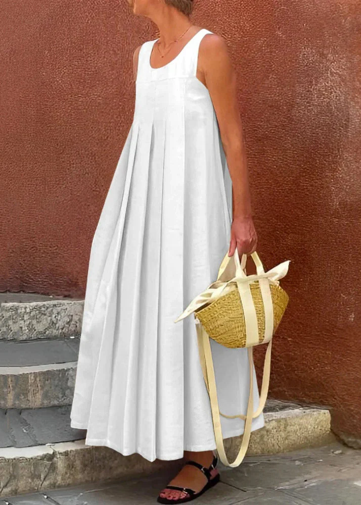 Simple Apricot Wrinkled Solid Cotton Long Dress Sleeveless - Image 4