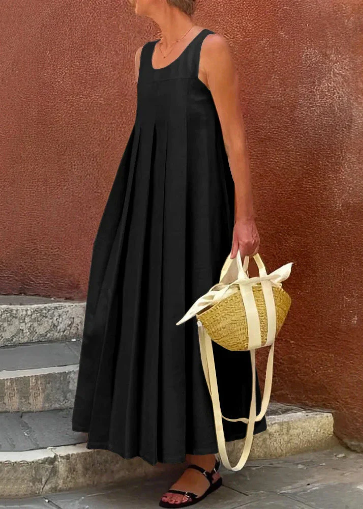 Simple Apricot Wrinkled Solid Cotton Long Dress Sleeveless - Image 5