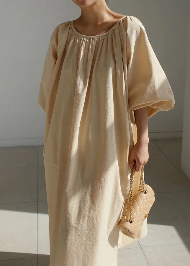 Simple Beige Cotton Pockets Casual Holiday Dress Spring - Image 4