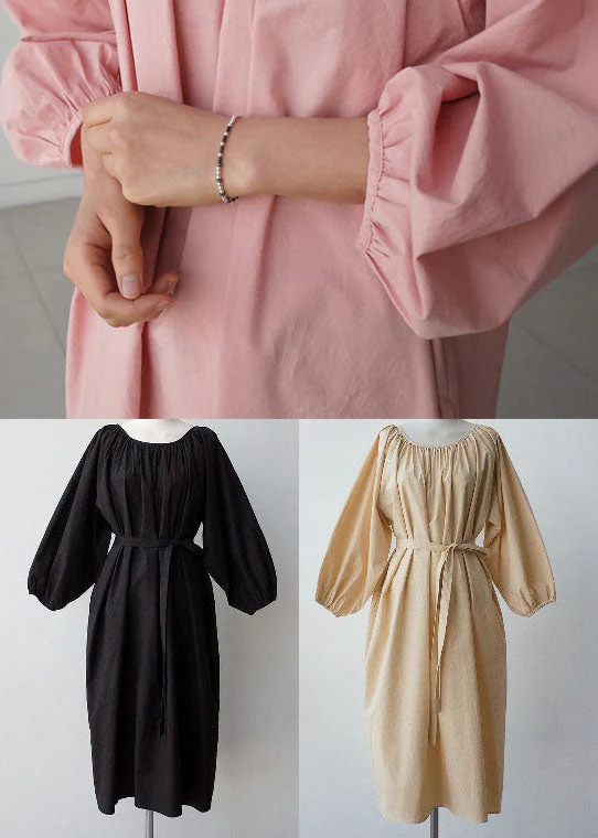 Simple Beige Cotton Pockets Casual Holiday Dress Spring - Image 5