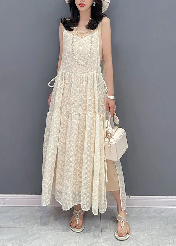 Simple Beige O-Neck Print Patchwork Chiffon Maxi Dresses Summer - Image 2