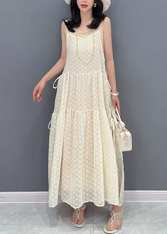 Simple Beige O-Neck Print Patchwork Chiffon Maxi Dresses Summer - Image 3