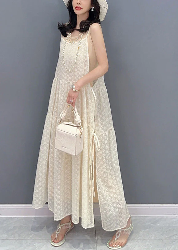 Simple Beige O-Neck Print Patchwork Chiffon Maxi Dresses Summer - Image 4