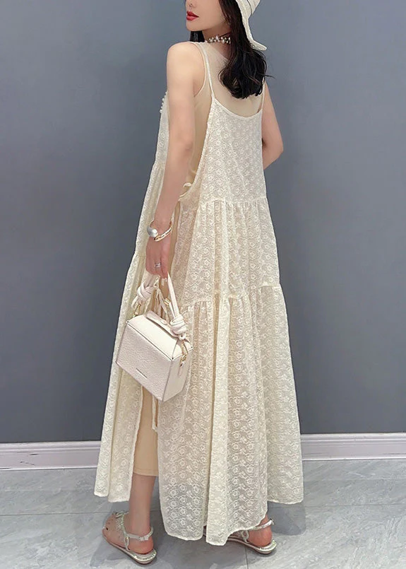 Simple Beige O-Neck Print Patchwork Chiffon Maxi Dresses Summer - Image 5