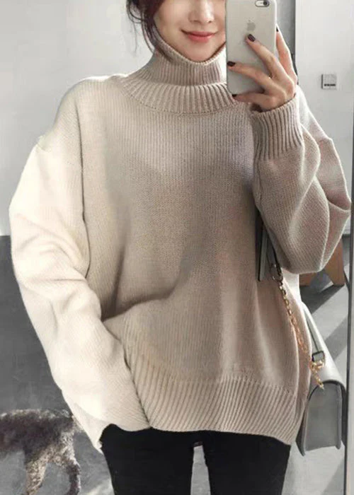 Simple Beige Turtleneck Solid Knitted Cotton Sweaters Winter - Image 2