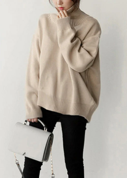 Simple Beige Turtleneck Solid Knitted Cotton Sweaters Winter - Image 3