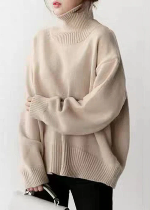 Simple Beige Turtleneck Solid Knitted Cotton Sweaters Winter - Image 4