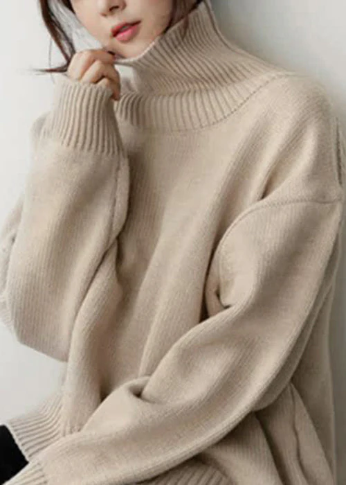 Simple Beige Turtleneck Solid Knitted Cotton Sweaters Winter - Image 5
