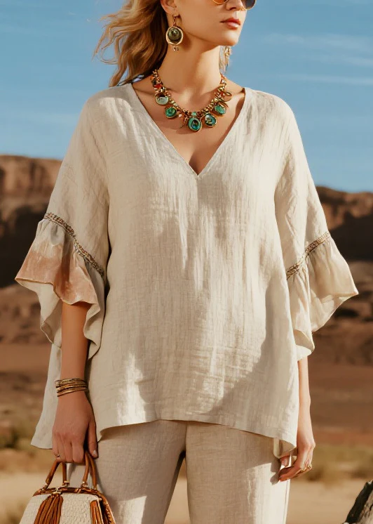 Simple Beige V Neck Patchwork Linen Two Pieces Set Butterfly Sleeve - Image 2