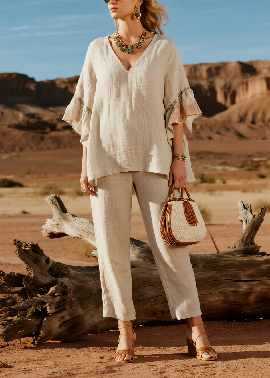 Simple Beige V Neck Patchwork Linen Two Pieces Set Butterfly Sleeve - Image 3