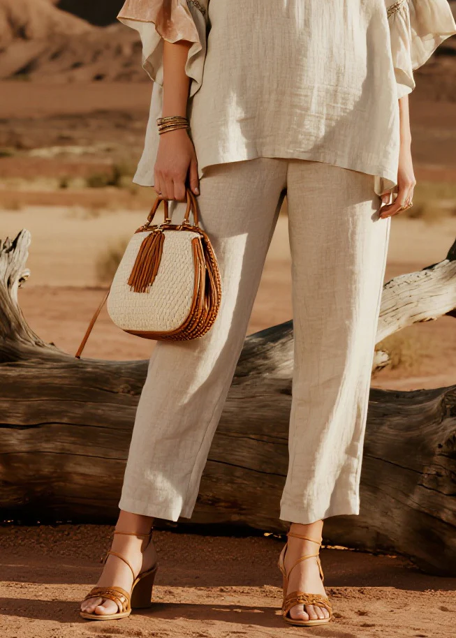 Simple Beige V Neck Patchwork Linen Two Pieces Set Butterfly Sleeve - Image 4