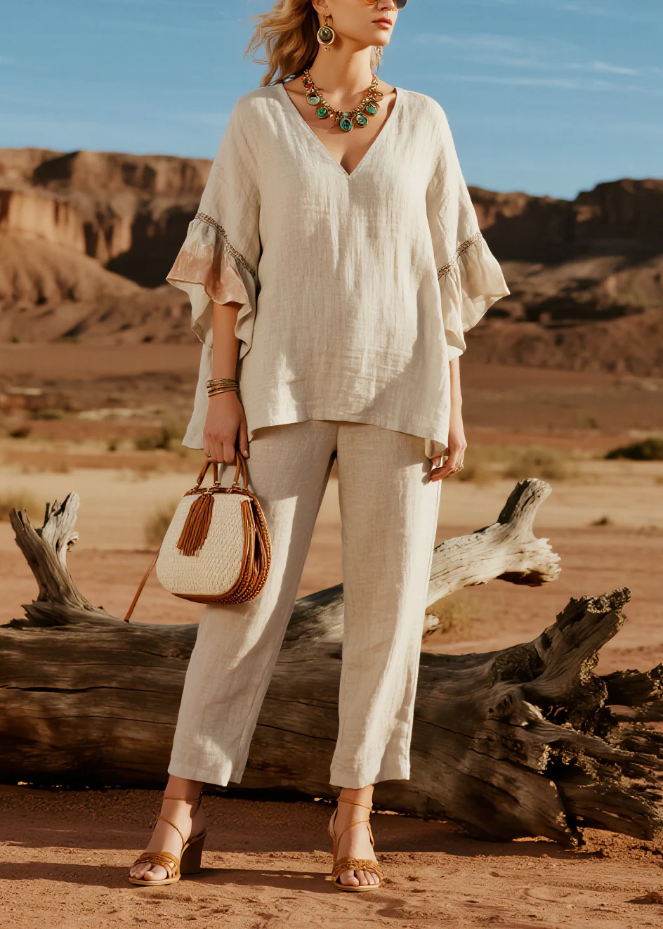 Simple Beige V Neck Patchwork Linen Two Pieces Set Butterfly Sleeve - Image 5