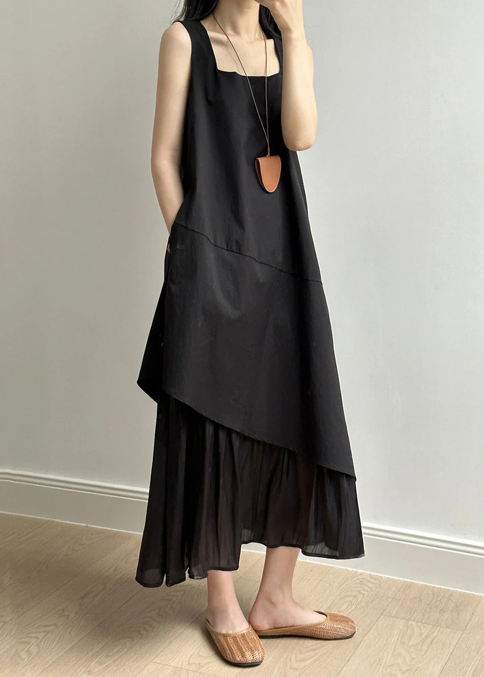 Simple Black Asymmetrical Pockets Solid Cotton Long Dress Summer - Image 2