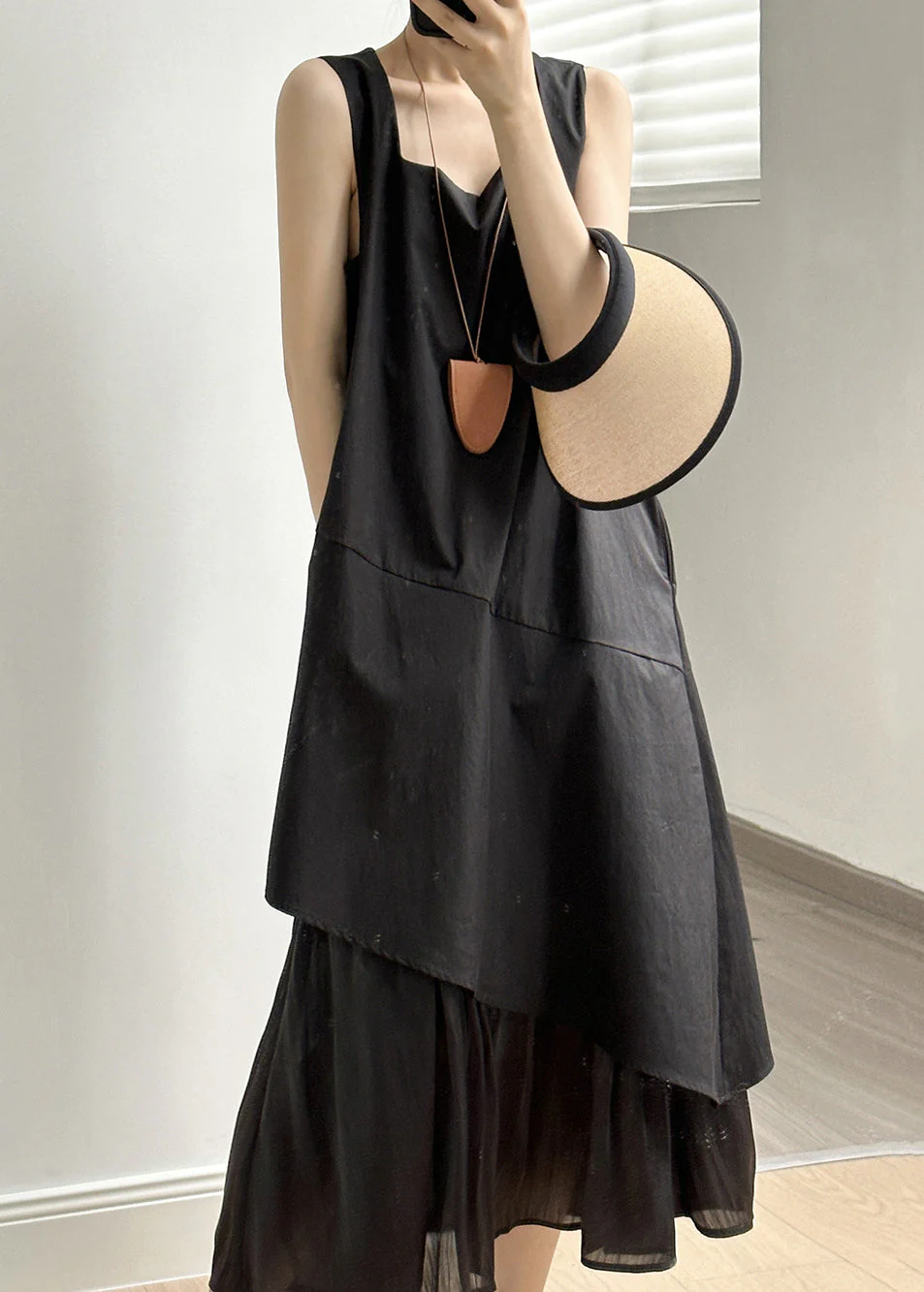 Simple Black Asymmetrical Pockets Solid Cotton Long Dress Summer - Image 3