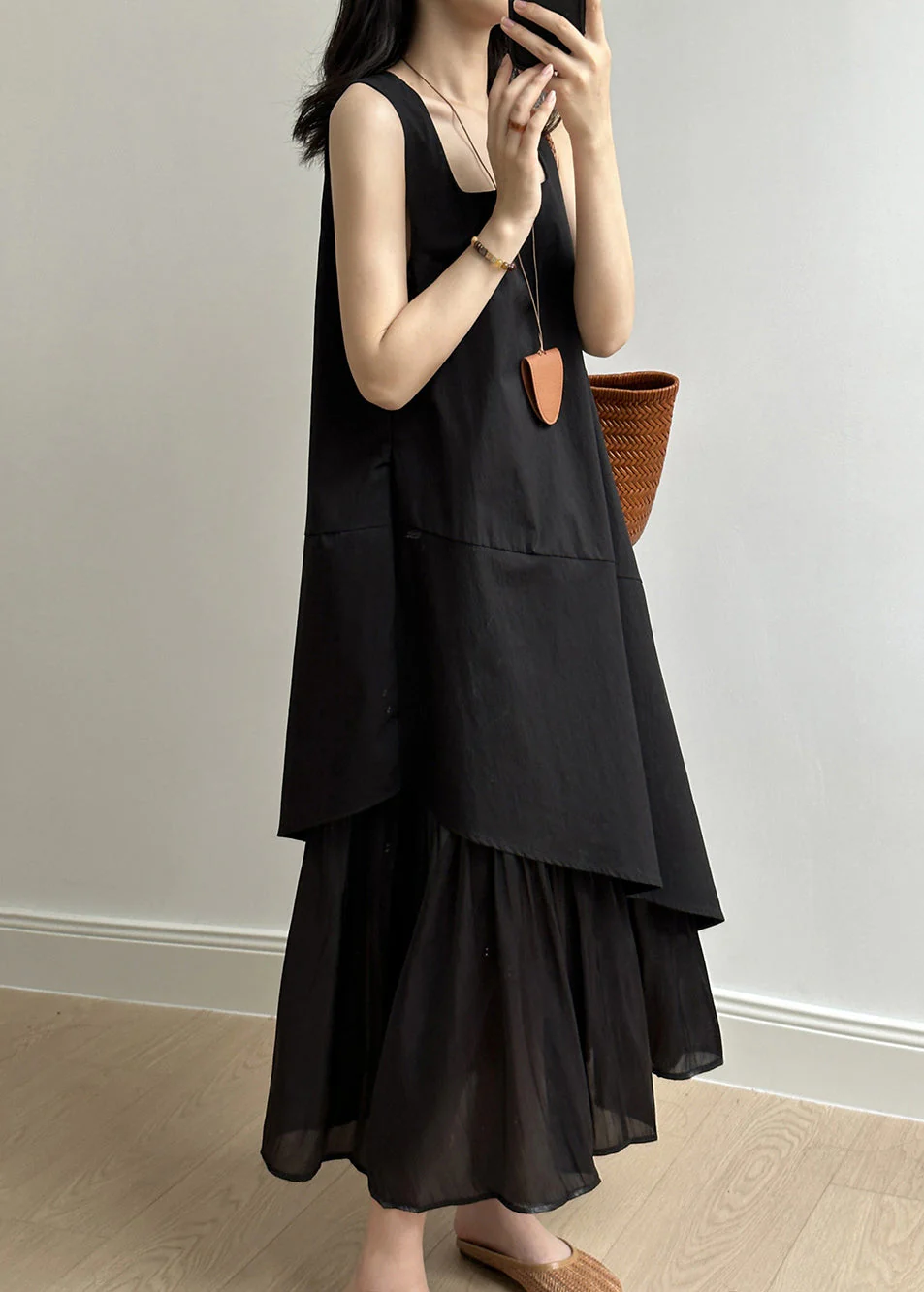 Simple Black Asymmetrical Pockets Solid Cotton Long Dress Summer - Image 4