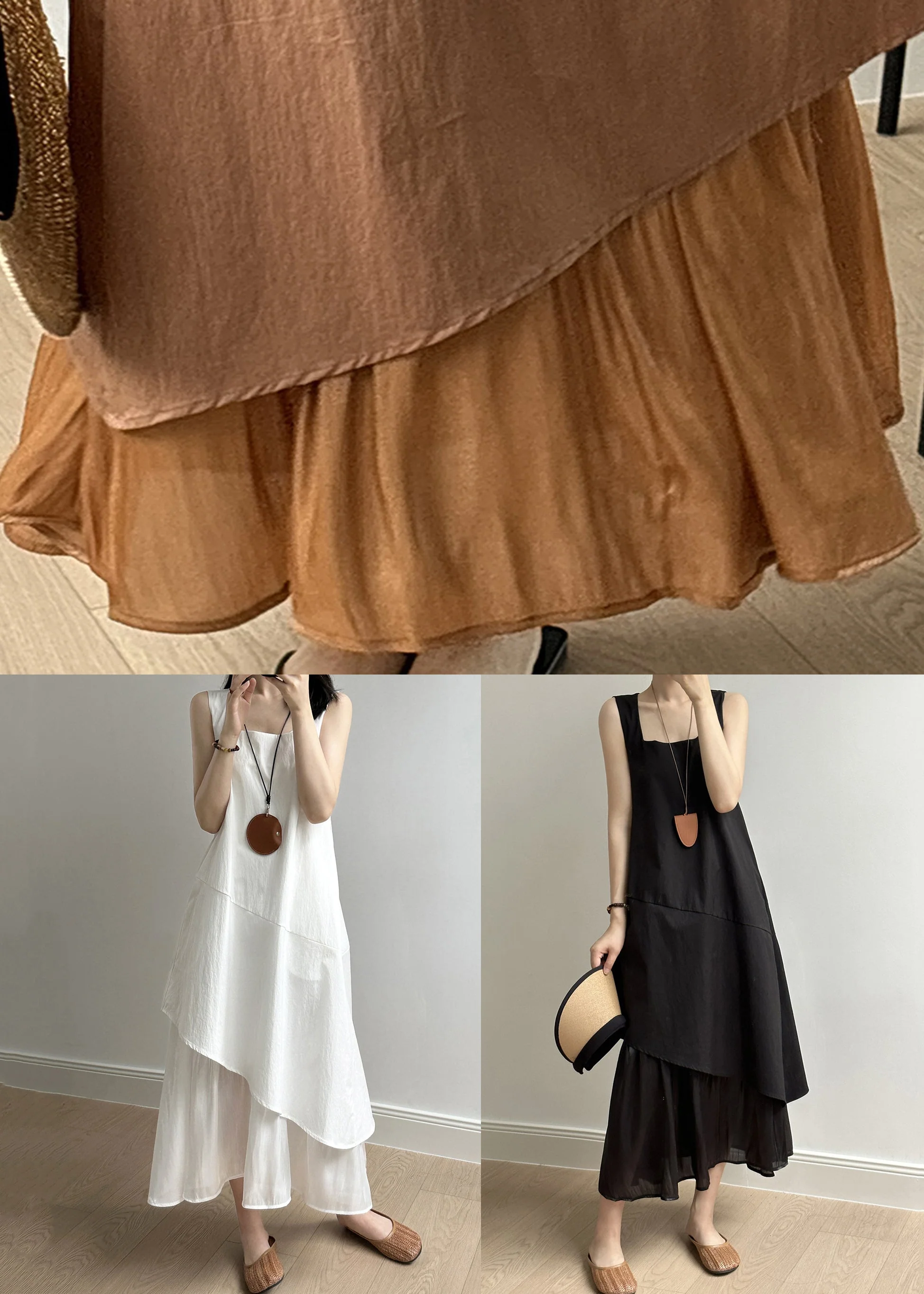 Simple Black Asymmetrical Pockets Solid Cotton Long Dress Summer - Image 5