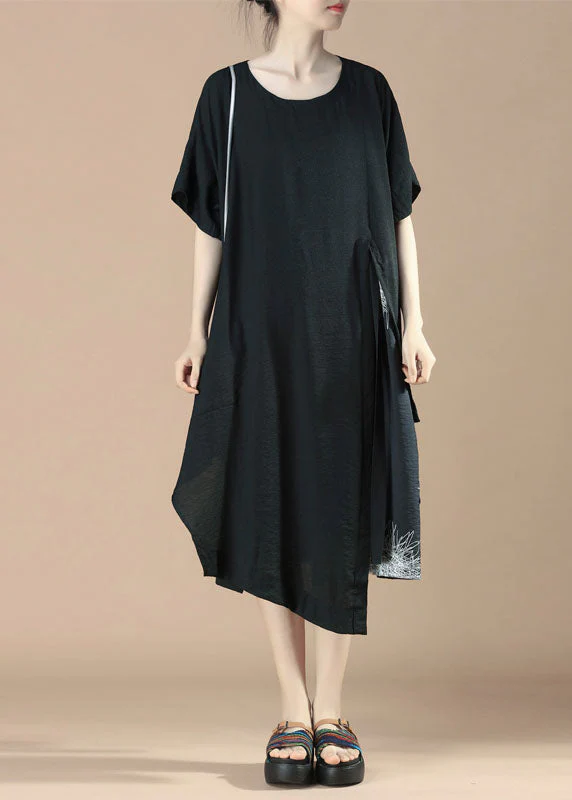 Simple Black Asymmetrical Print Patchwork Cotton Dress Summer - Image 2