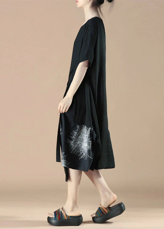 Simple Black Asymmetrical Print Patchwork Cotton Dress Summer - Image 3