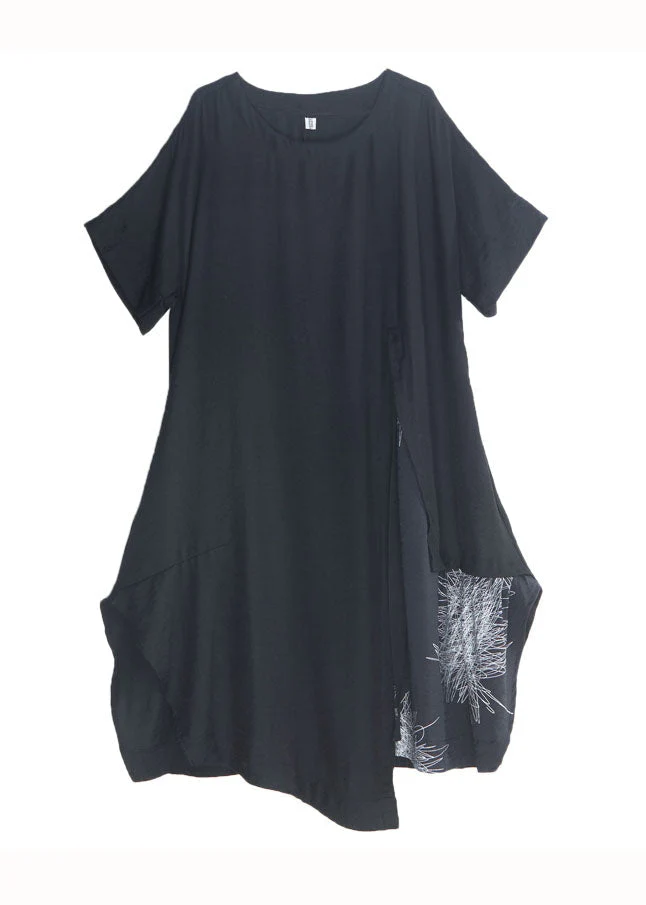 Simple Black Asymmetrical Print Patchwork Cotton Dress Summer - Image 5