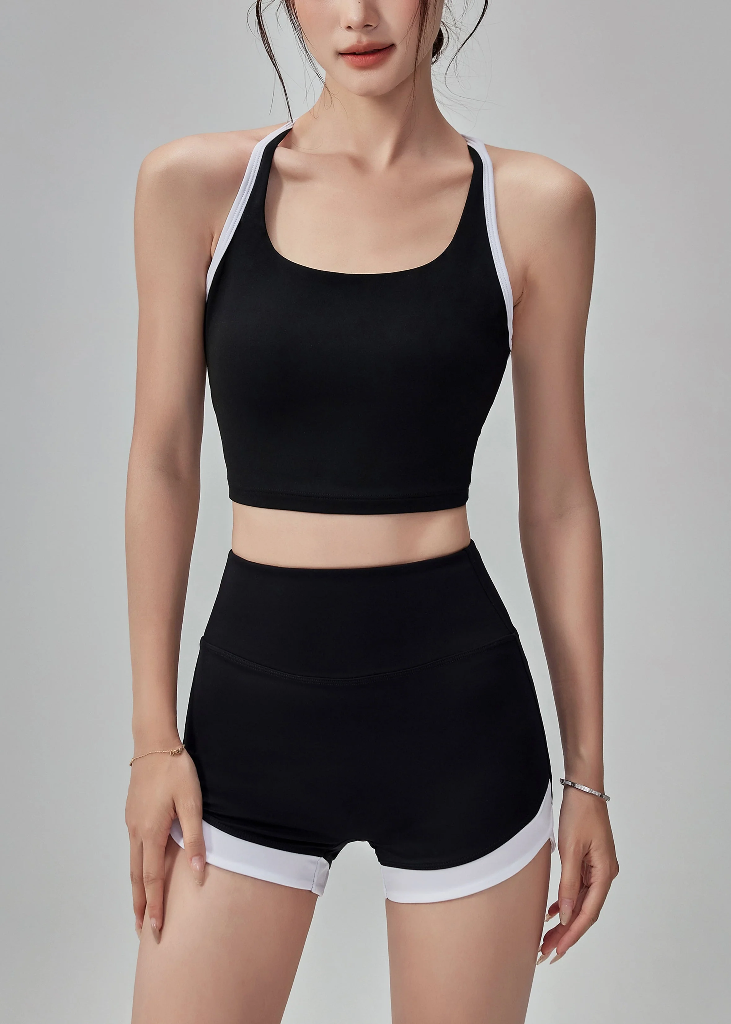 Simple Black Backless Patchwork Gymshark Sports Bra Two Piece Set