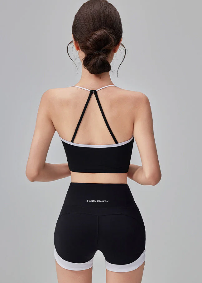 Simple Black Backless Patchwork Gymshark Sports Bra Two Piece Set - Image 5