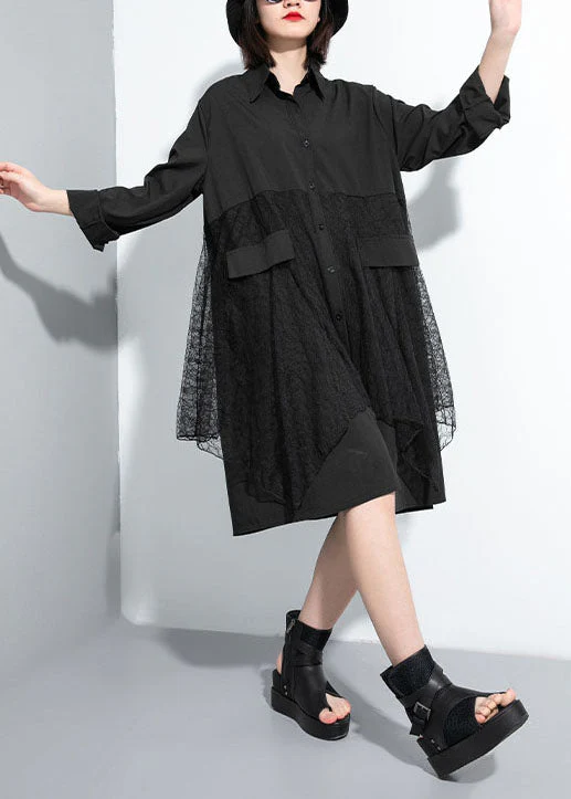 Simple Black Button Peter Pan Collar lace Patchwork shirt Dresses Spring - Image 2