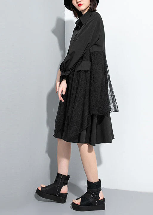 Simple Black Button Peter Pan Collar lace Patchwork shirt Dresses Spring - Image 3