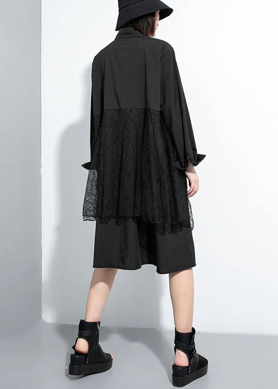 Simple Black Button Peter Pan Collar lace Patchwork shirt Dresses Spring - Image 4