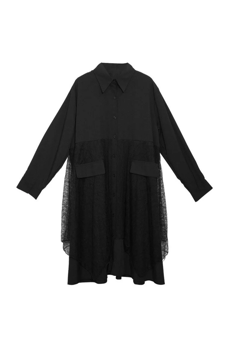 Simple Black Button Peter Pan Collar lace Patchwork shirt Dresses Spring - Image 5