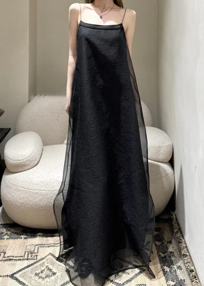 Simple Black Cold Shoulder Solid Tulle Spaghetti Strap Dress Sleeveless