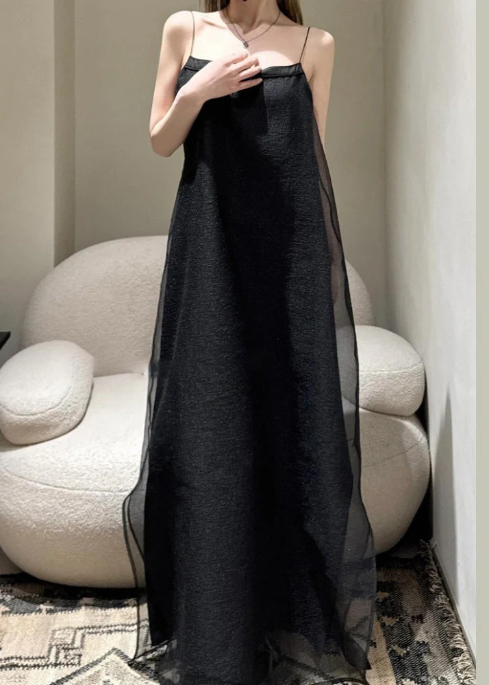 Simple Black Cold Shoulder Solid Tulle Spaghetti Strap Dress Sleeveless - Image 2
