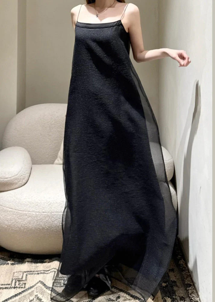 Simple Black Cold Shoulder Solid Tulle Spaghetti Strap Dress Sleeveless - Image 3