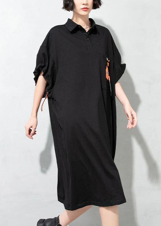 Simple Black drawstring pockets Peter Pan Collar Dresses Half Sleeve - Image 2