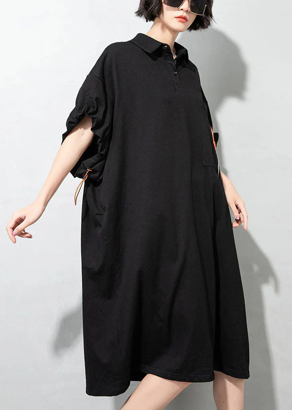 Simple Black drawstring pockets Peter Pan Collar Dresses Half Sleeve - Image 3